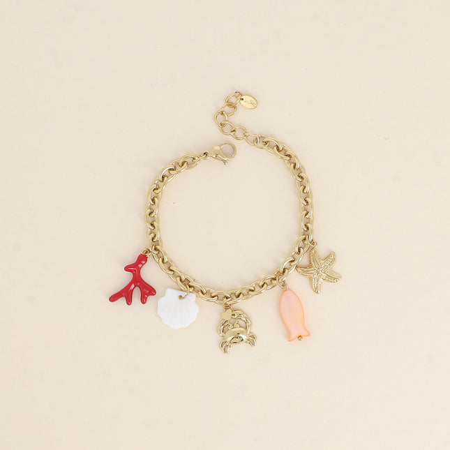Bracelet Lusina - étoile de mer, crabe, branche de corail émaillée, coquillage effet nacré et poisson