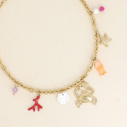 Collier Lusina - étoile de mer, crabe, branche de corail émaillée, coquillage effet nacré et poisson