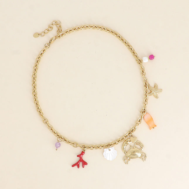 Lusina Necklace - starfish, crab, enamelled coral branch, mother-of-pearl effect shell and fish