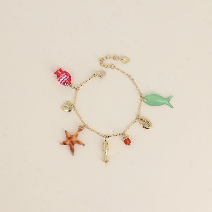 Bracelet - pearly and resin fish, cowrie shell, heart, pearl