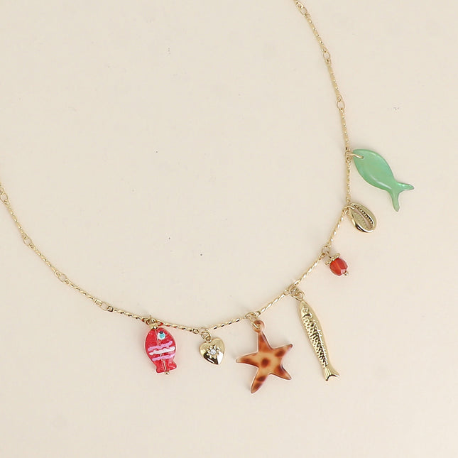 Necklace - mother-of-pearl and resin fish, cowrie shell, heart, pearl