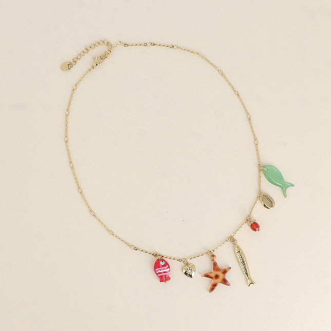 Necklace - mother-of-pearl and resin fish, cowrie shell, heart, pearl