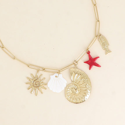 Collier - coquillage escargot texturé, coquillage nacré, soleil, poisson et étoile de mer en résine
