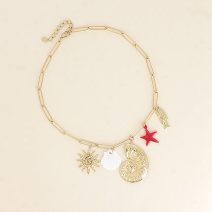 Collier - coquillage escargot texturé, coquillage nacré, soleil, poisson et étoile de mer en résine
