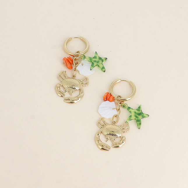Florinia Creole Earrings - crab, mother-of-pearl shell, natural stones and colored resin star
