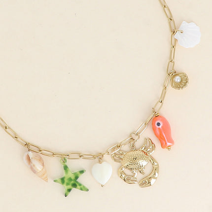 Collier Florinia - crabe, coquillage nacré, pierres naturelles et étoile en résine colorée