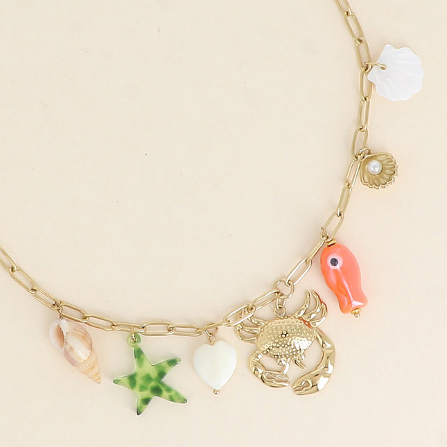 Florinia Necklace - crab, mother-of-pearl shell, natural stones and colored resin star