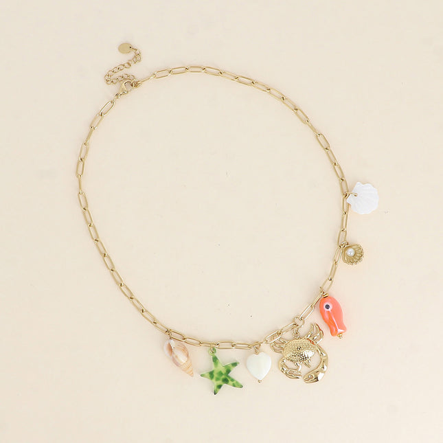 Florinia Necklace - crab, mother-of-pearl shell, natural stones and colored resin star