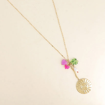 Collier en Y - soleil, trèfle en résine et perles