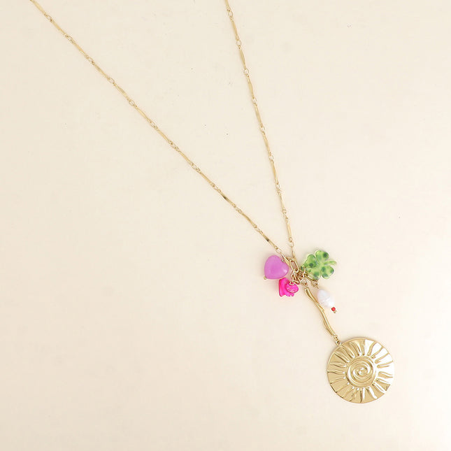 Collier en Y - soleil, trèfle en résine et perles