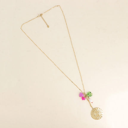 Collier en Y - soleil, trèfle en résine et perles