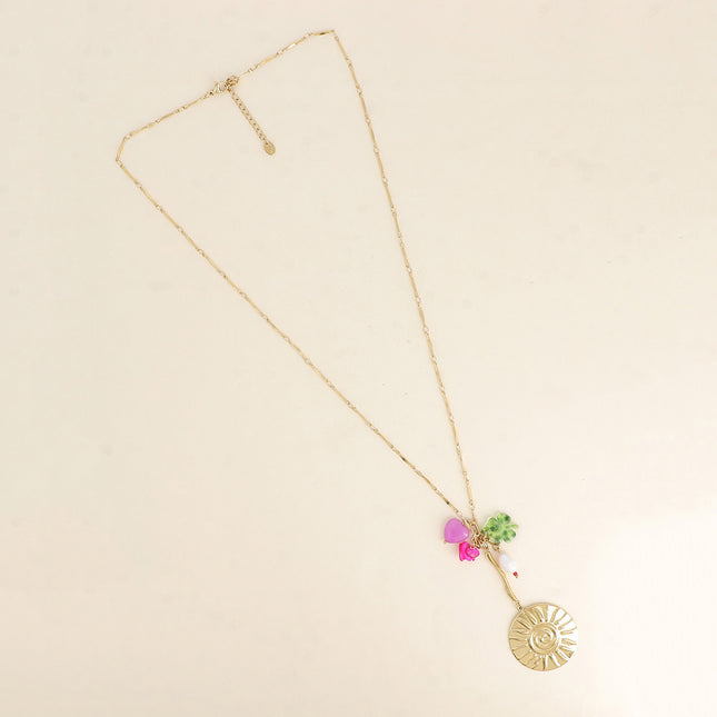 Collier en Y - soleil, trèfle en résine et perles
