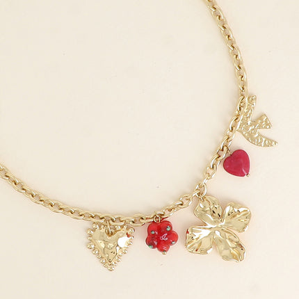 Collier - feuillage, fleur, coeurs et oiseau