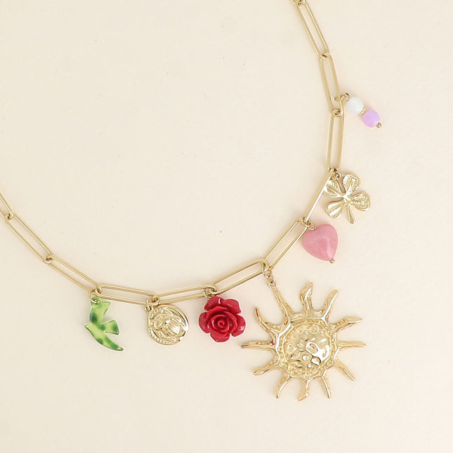 Necklace - sun, beetle, rose and bird in resin, clover, heart