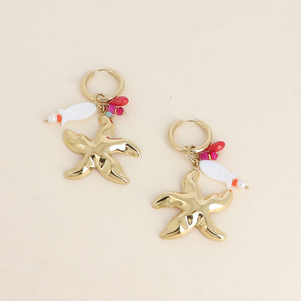 Creole earrings - starfish, natural stones and mother-of-pearl fish