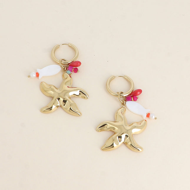 Creole earrings - starfish, natural stones and mother-of-pearl fish
