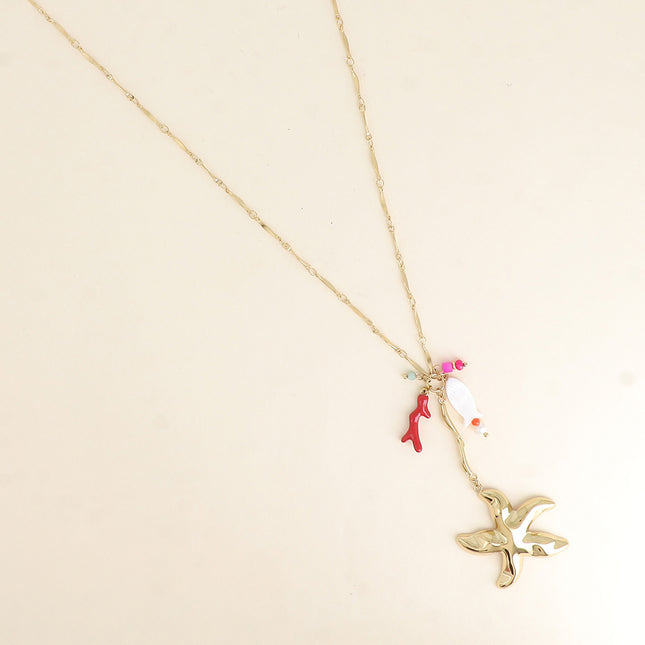 Y-shaped necklace - starfish, natural stones and mother-of-pearl fish