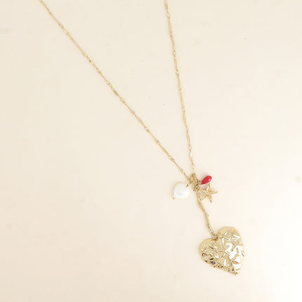 Collier en Y - gros coeur avec étoiles de mer, coeur en résine nacrée