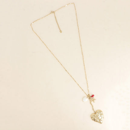 Collier en Y - gros coeur avec étoiles de mer, coeur en résine nacrée