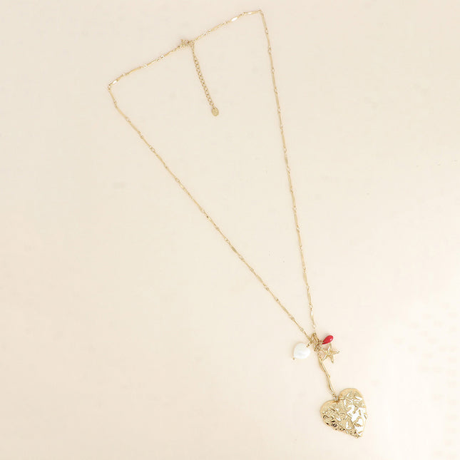 Y-shaped necklace - large heart with starfish, pearly resin heart
