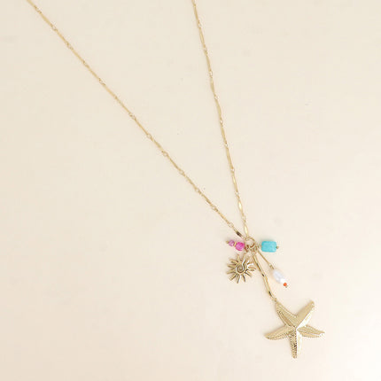 Collier en Y -  étoile de mer, perle de résine blanche, soleil et pierres naturelles