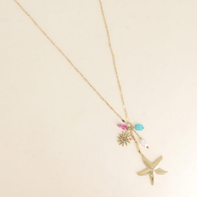 Y-shaped necklace - starfish, white resin bead, sun and natural stones