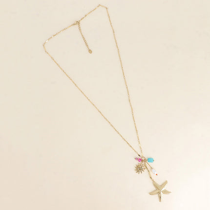 Collier en Y -  étoile de mer, perle de résine blanche, soleil et pierres naturelles