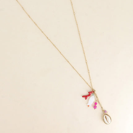 Collier Y Dunéa - cauri naturel, branche de corail en émail, pierres naturelles et poisson nacré