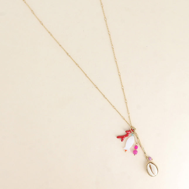 Y necklace Dunéa - natural cowrie shell, enamel coral branch, natural stones, and mother-of-pearl fish