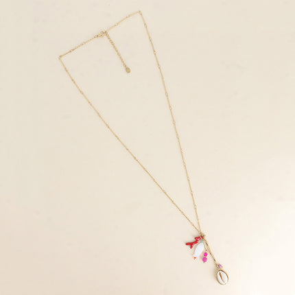 Collier Y Dunéa - cauri naturel, branche de corail en émail, pierres naturelles et poisson nacré