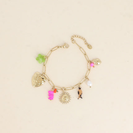 Bracelet - coeur martelé, soleil, fleur et poisson en résine, pierres naturelles