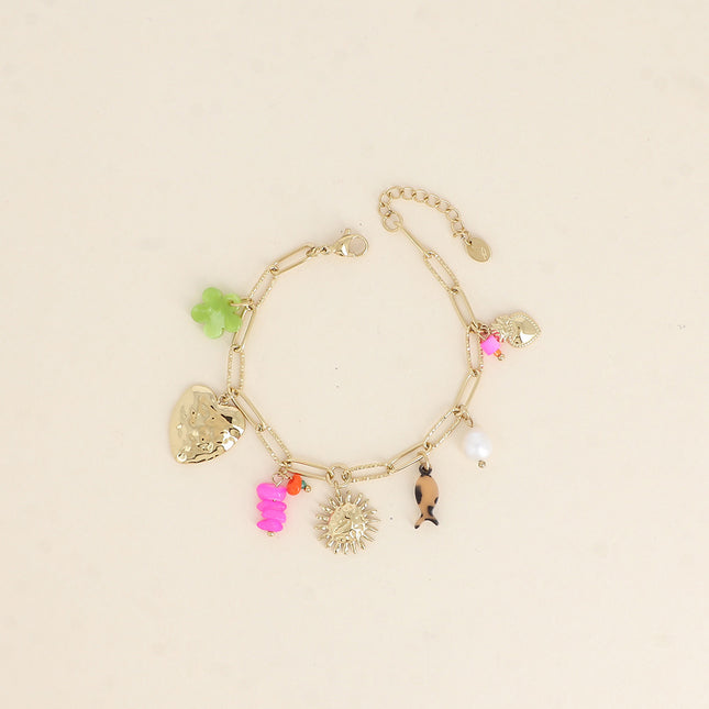 Bracelet - hammered heart, sun, flower and fish in resin, natural stones