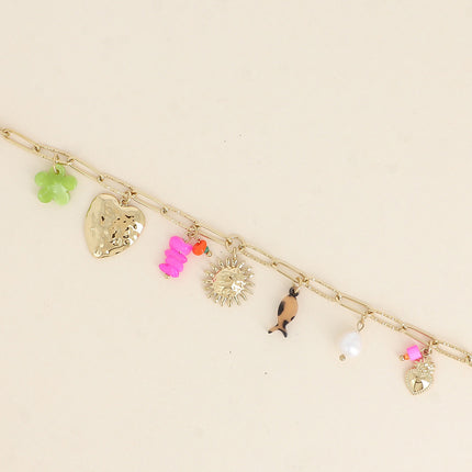 Bracelet - coeur martelé, soleil, fleur et poisson en résine, pierres naturelles