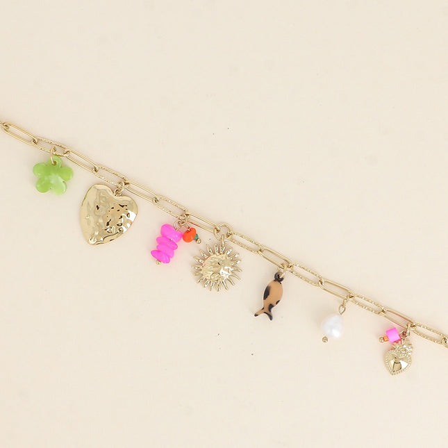 Bracelet - hammered heart, sun, flower and fish in resin, natural stones