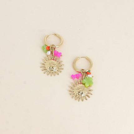Creole earrings - sunburst, resin flower and natural stones