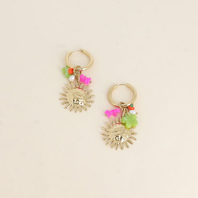 Creole earrings - sunburst, resin flower and natural stones