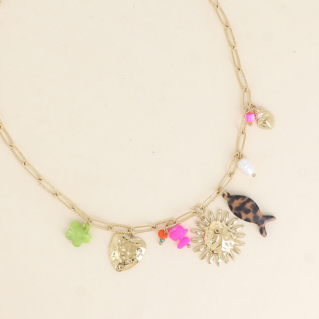 Necklace - hammered heart, sun, flower and fish in resin, natural stones