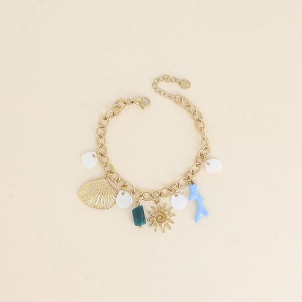 Bracelet Maelia - soleil, perles nacrées, coquillage plat, branche de corail en émail et pierre naturelle