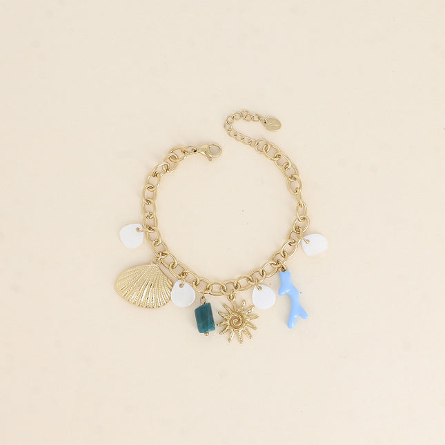 Bracelet Maelia - soleil, perles nacrées, coquillage plat, branche de corail en émail et pierre naturelle
