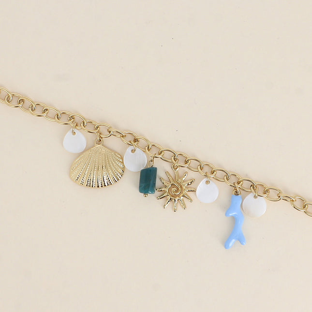 Bracelet Maelia - soleil, perles nacrées, coquillage plat, branche de corail en émail et pierre naturelle
