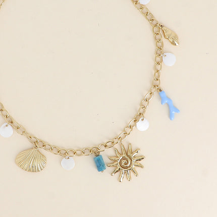 Collier Maelia - soleil, perles nacrées, coquillage plat, branche de corail en émail et pierre naturelle