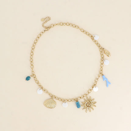 Collier Maelia - soleil, perles nacrées, coquillage plat, branche de corail en émail et pierre naturelle