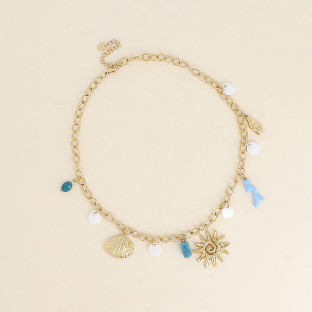 Maelia Necklace - sunburst, mother-of-pearl beads, flat seashell, enameled coral branch and natural stone