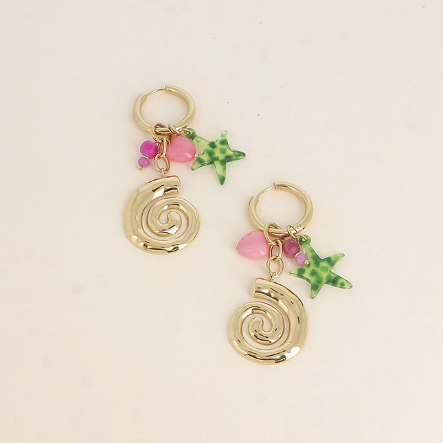 Lunara Creole Earrings - snail shell, starfish in colored resin, natural stones