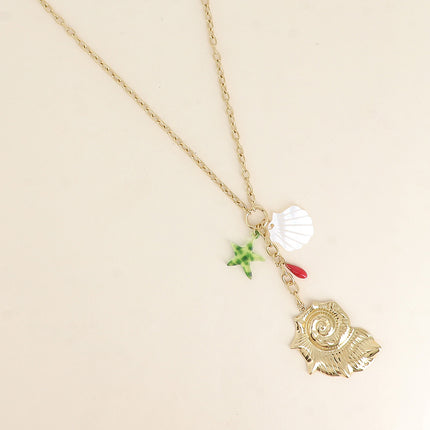 Collier en Y - gros coquillage, coquillage nacré, étoile de mer en résine et perles