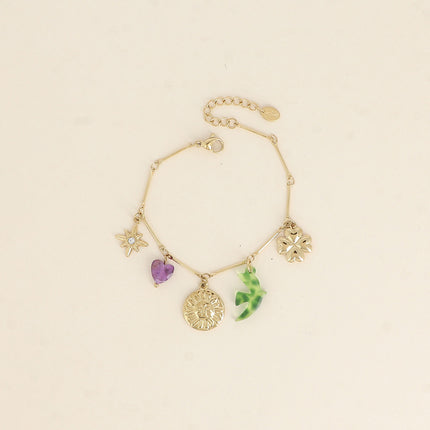 Bracelet - soleil, oiseau en résine, trèfle, étoile du Nord et coeur en pierre naturelle