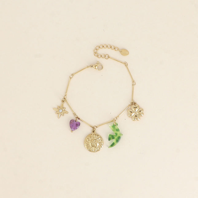 Bracelet - sun, resin bird, clover, North Star and natural stone heart