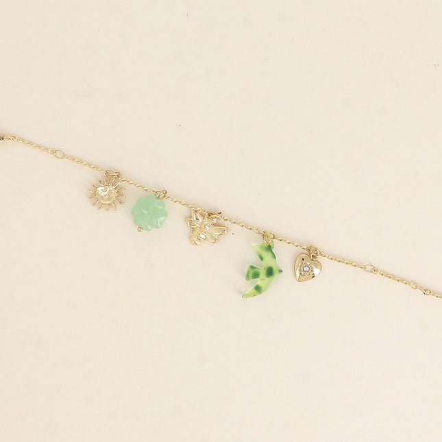 Elaria Bracelet - sun, bird and clover in resin, bee and heart with cubic zirconia
