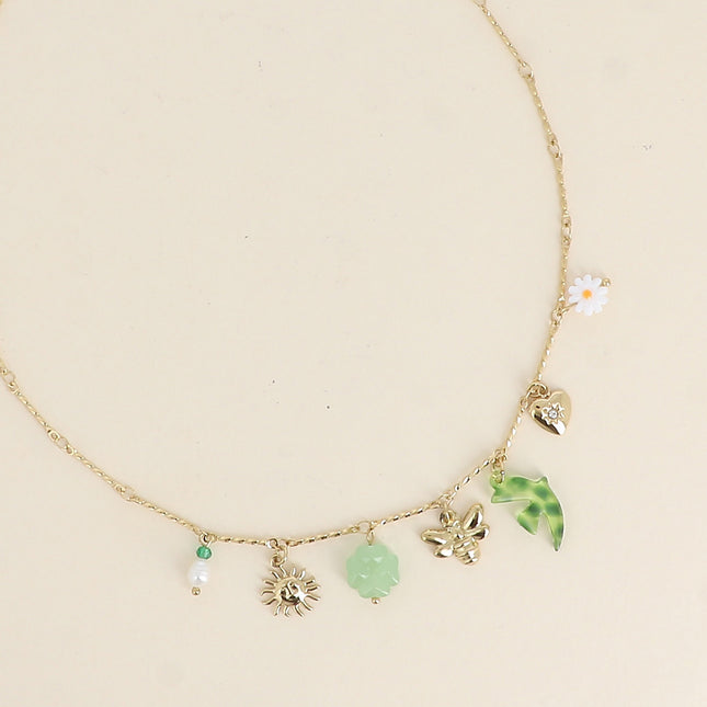 Elaria necklace - sun, bird and clover in resin, bee and heart with cubic zirconia