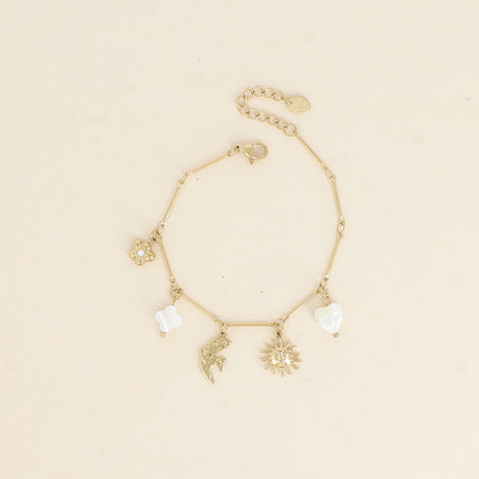 Bracelet Meliora - soleil, oiseau, trèfle et coeur nacrés, fleur